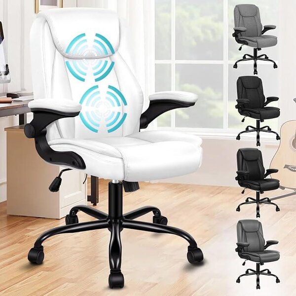 Sedia da ufficio ergonomica, poltrona massaggiante, sedia da scrivania con braccioli regolabili in altezza, sedia girevole con funzione basculante (90°-135°), sedia da computer con rotelle, sedia per riunioni in ecopelle, bianca
