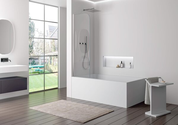 Pannello doccia angolare per vasca da bagno, modello EX201 - Profilo in alluminio - Finitura cromata - Vetro temperato nano, 6 mm di spessore - Dimensioni: 6 x 800 x 1400 mm