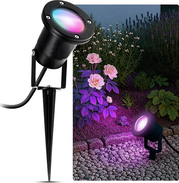SSC-LUXon KARI faretto da giardino con picchetto a terra nero IP65 - Lampada Smart WLAN GU10 5W controllabile tramite App Alexa Google - lampada da giardino con cavo per esterni