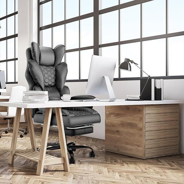 Sedia da ufficio ergonomica, poltrona da ufficio ergonomica per dirigenti, sedia da ufficio in ecopelle con schienale alto, poggiapiedi e braccioli imbottiti, confortevole, nera