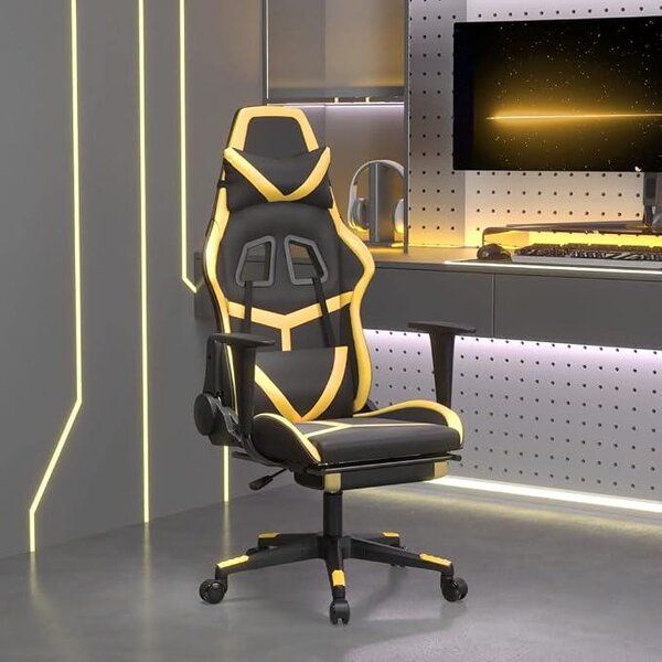 Sedia da gaming con funzione di massaggio e poggiapiedi, sedia da ufficio ergonomica in ecopelle, nera e dorata, regolabile in altezza, con funzione di inclinazione e reclinazione, ideale per l'ufficio domestico e per i giocatori