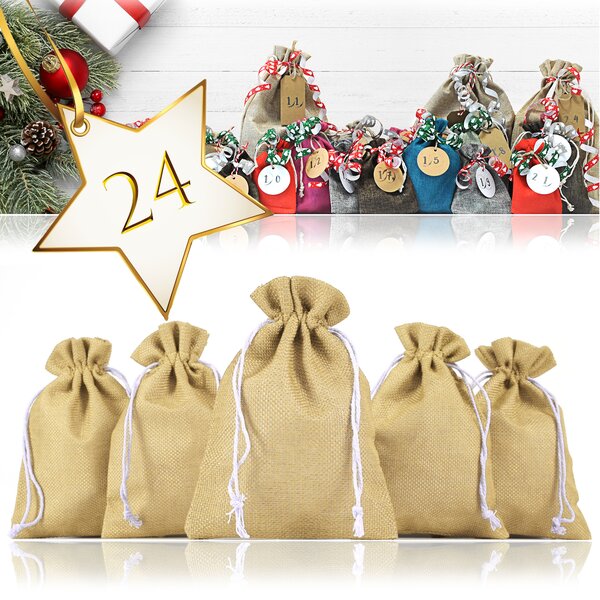 Set da 24 sacchetti di juta per calendari dell'Avvento da riempire autonomamente, 17,5 cm x 12,5 cm, sacchetti di juta, sacchetti in tessuto, sacchetti naturali, sacchetti regalo, sacchetti – (marrone chiaro)