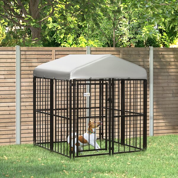 Kennel Per Cani PawHut In Acciaio - Cuccia Interni/Esterni Con Tetto In Oxford, 244x122x183 Cm, Nero/Verde - Foto 5