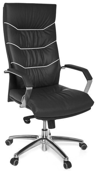 Sedia da ufficio in pelle nera, schienale alto ed ergonomica, larghezza 55 cm, struttura in metallo, adatta per adulti