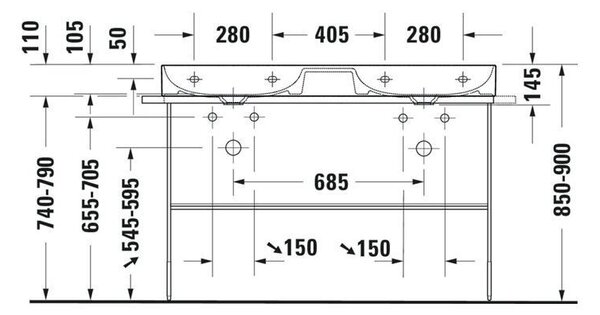 Duravit DuraSquare - Lavello doppio per mobili 1200x470 mm, senza troppopieno, senza foro per rubinetto, DuraCeram, WonderGliss, bianco 23531200791