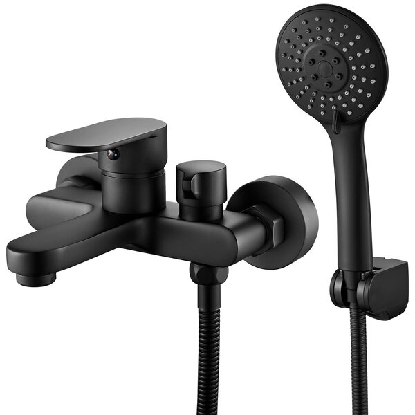 Rubinetto per vasca da bagno nero, con doccetta manuale, miscelatore, 3 funzioni, da montare a parete, attacco da 150 mm