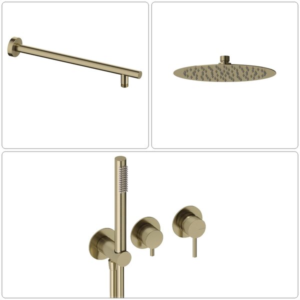 SANYCCES LOOP Miscelatore monocomando da incasso con deviatore, doccetta e flessibile + braccio doccia e soffione doccia a pioggia, oro spazzolato