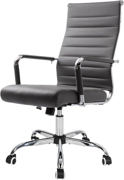 Sedia da ufficio ergonomica con funzione basculante, portata fino a 150 kg, girevole, colore grigio. Sedia da scrivania con braccioli, supporto lombare a forma di "S", seduta imbottita, regolabile in altezza, realizzata in ecopelle