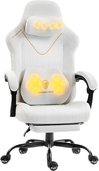 Sedia da gaming con funzione massaggio, progettata ergonomicamente. Sedia da gaming con supporto lombare e poggiatesta, adatta a persone con un peso fino a 135 kg, regolabile in altezza, in pelle, colore bianco
