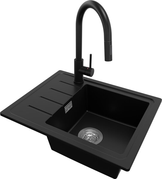 Lavello in granito PRIMAGRAN nero 55x44 cm, lavello a vasca singola + rubinetto da cucina 40x20 cm + set di scarico, lavello da cucina per mobili base da 45 cm - Copenhagen Easy