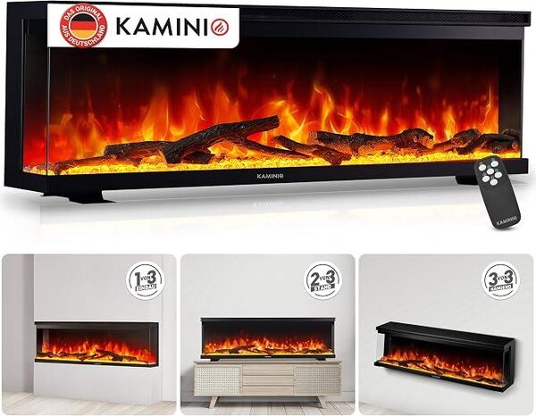 Camino elettrico Lea PRO 60 con riscaldamento [da pavimento, da incasso e a parete] | 3-in-1, camino elettrico con vista panoramica, fuoco LED in 12 colori, timer, termostato, telecomando, accessori, colore nero