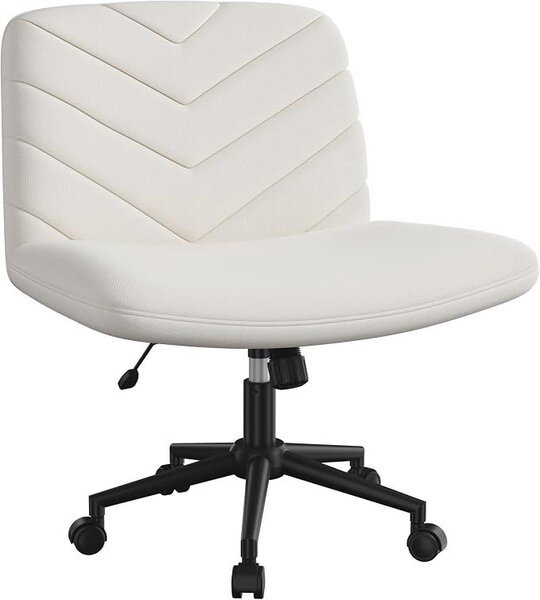 Sedia da ufficio per l'uso in casa, rivestita in tessuto con aspetto simile al lino, sedia ergonomica da scrivania con ampia seduta, sedia girevole regolabile in altezza, senza rotelle, ideale per la posizione a gambe incrociate, colore beige