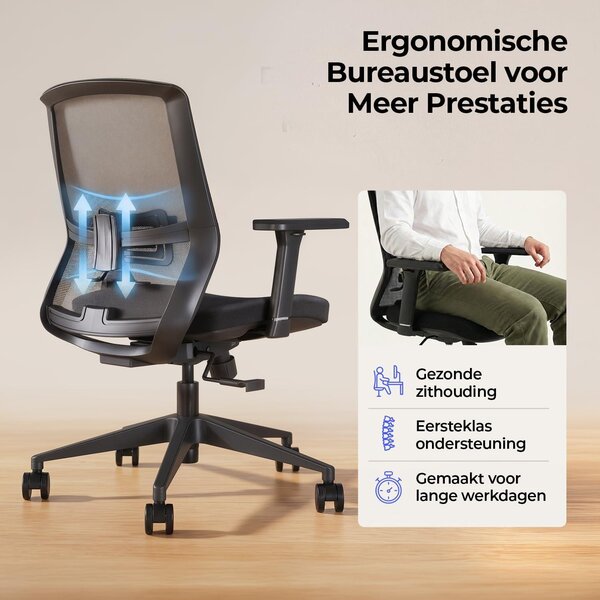 Sedia da ufficio ergonomica, colore nero, con schienale in rete e braccioli regolabili in 3 dimensioni