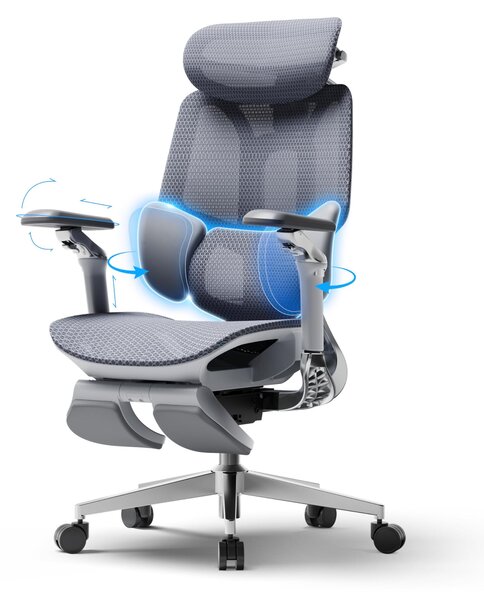 Sedia da ufficio ergonomica con poggiapiedi, schienale in rete, dimensioni 70x51,5x131 cm, colore bianco