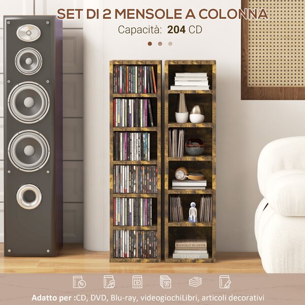 HOMCOM Set 2 Mobili Porta CD a 6 Ripiani Regolabili per 204 CD in Legno, 21x22.5x88.5 cm, Marrone | Aosom Italy
