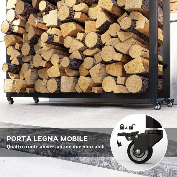 Outsunny Portalegna da Esterno e Interno con Ruote, Legnaia in Acciaio con Capacità 0.43m³, 120x32x151cm, Nero