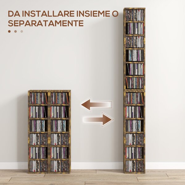 HOMCOM Set 2 Mobili Porta CD a 6 Ripiani Regolabili per 204 CD in Legno, 21x22.5x88.5 cm, Marrone | Aosom Italy