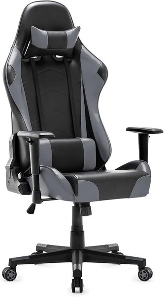Sedia da gaming, sedia da gioco racing con poggiatesta e supporto lombare, sedia ergonomica per computer, sedia da ufficio con schienale alto, sedia girevole in ecoFinto cuoio, modello sportivo (grigio)