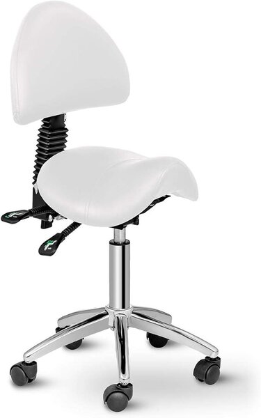 Sedia a sella con ruote, sedia a rotelle ergonomica con schienale, sedia girevole, sedia da ufficio, modello Berlin, colore bianco (altezza regolabile, rotazione a 360°)