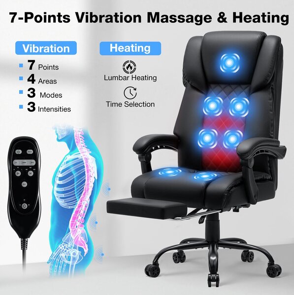 Sedia da ufficio ergonomica, colore nero - Funzione massaggio a 7 punti - Altezza regolabile - Struttura in metallo