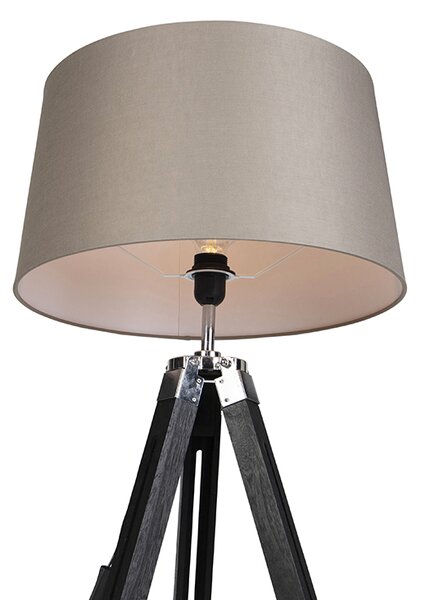 Lampada da terra a treppiede nera con paralume in lino color tortora 45 cm