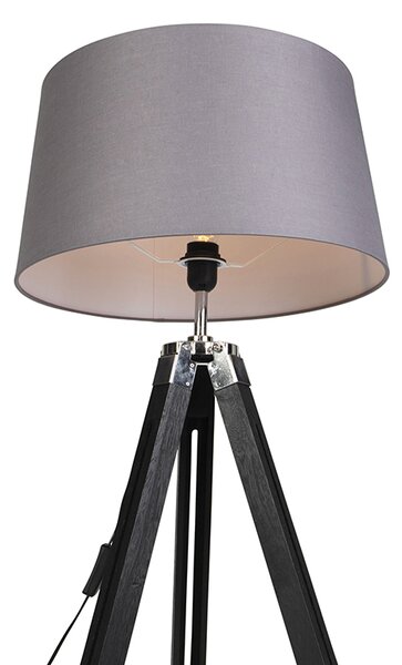 Lampada da terra treppiede nera con paralume 45 cm lino grigio scuro