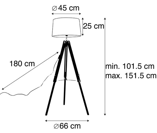 Lampada da terra treppiede nera con paralume 45 cm lino grigio scuro