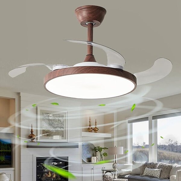 Ventilatore a soffitto invisibile, con pale retrattili e illuminazione dimmerabile, design moderno, reversibile, con luce, timer, adatto per camere da letto, soggiorni e camerette, finitura effetto legno. Diametro: 95 cm