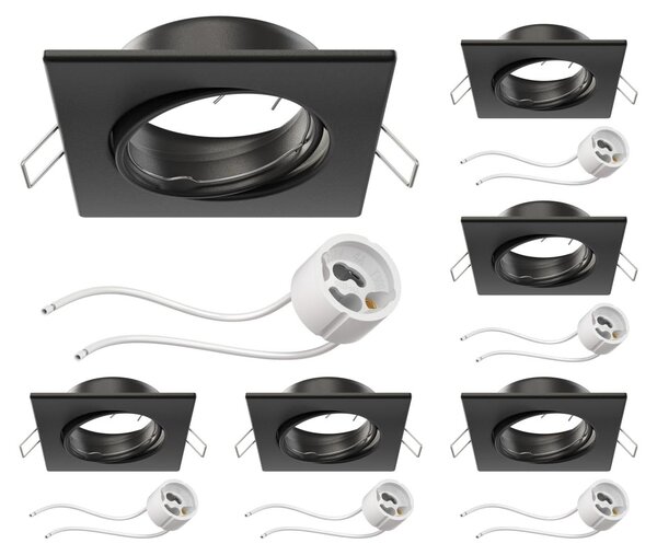 Ledscom.de - 6 cornici per faretti da incasso, modello RIR, nere opache, a forma quadrata, orientabili (per LED/alogena/GU10/MR16/PAR16/50mm), complete di attacco GU10 – Colore: nero opaco, Quantità: 6 pezzi (confezione da 1)