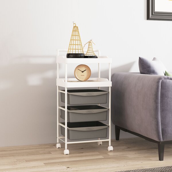 HOMCOM Carrello Portaoggetti con 2 Vassoi Fissi e 3 Vassoi Scorrevoli, in Acciaio e PP, 40x34x85 cm, Bianco e Grigio