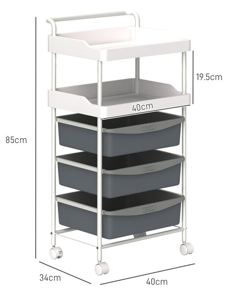 HOMCOM Carrello Portaoggetti con 2 Vassoi Fissi e 3 Vassoi Scorrevoli, in Acciaio e PP, 40x34x85 cm, Bianco e Grigio