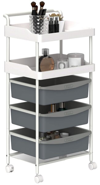 HOMCOM Carrello Portaoggetti con 2 Vassoi Fissi e 3 Vassoi Scorrevoli, in Acciaio e PP, 40x34x85 cm, Bianco e Grigio