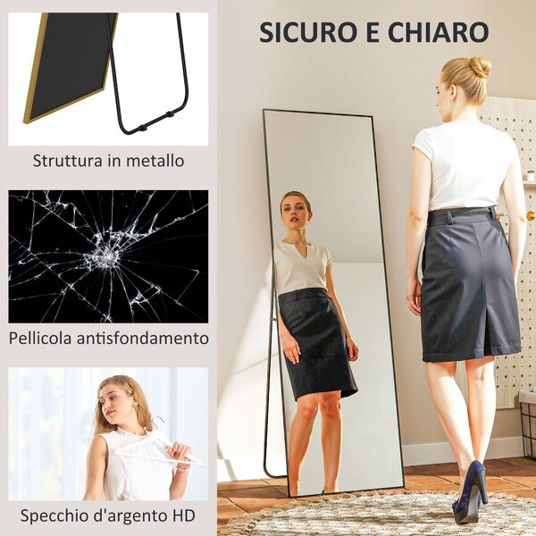 HOMCOM Specchio da Terra Moderno a Figura Intera, Design Autoportante o da Parete, 40x150 cm, Nero