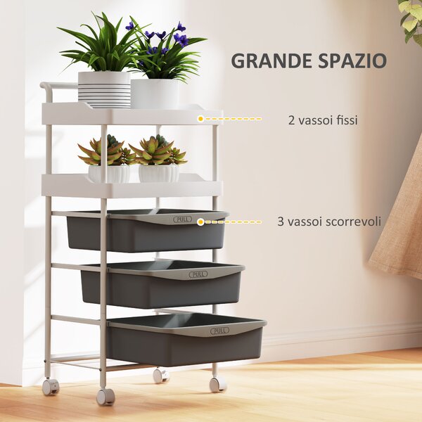 HOMCOM Carrello Portaoggetti con 2 Vassoi Fissi e 3 Vassoi Scorrevoli, in Acciaio e PP, 40x34x85 cm, Bianco e Grigio