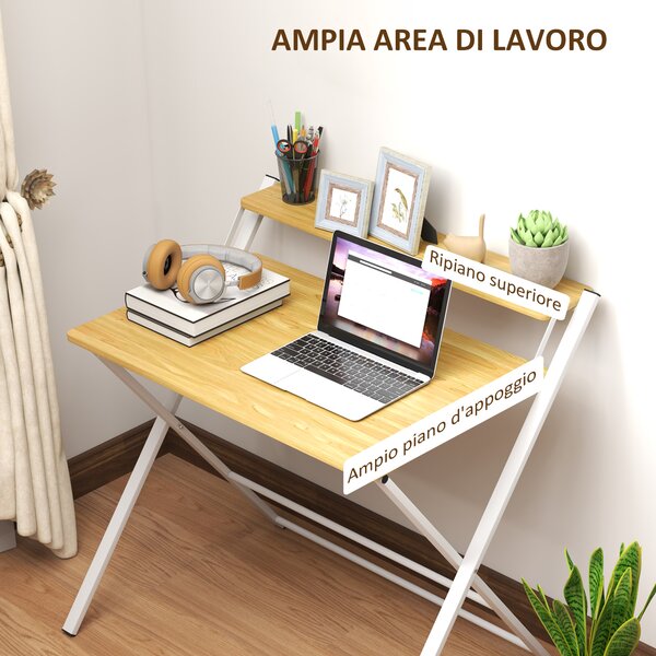 HOMCOM Scrivania Pieghevole con Ripiano Rialzato e Gambe a X, in Legno e Acciaio, 86x66x82 cm, Bianco e color Legno