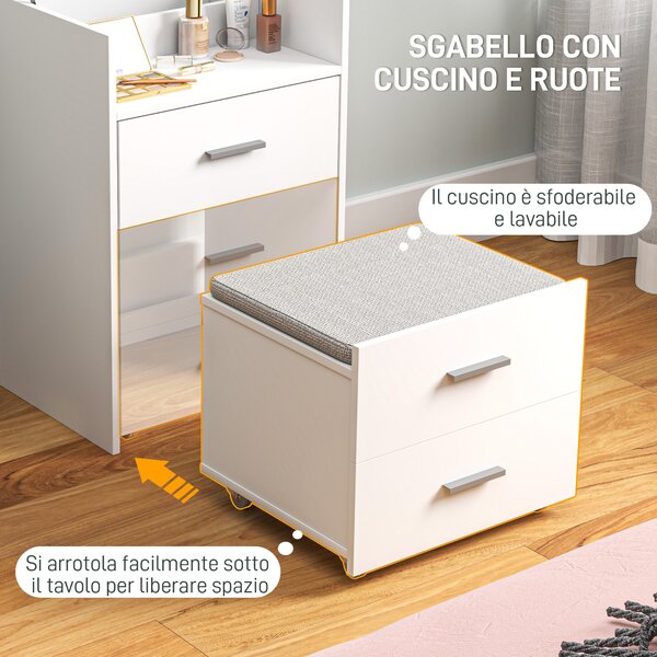 HOMCOM Tavolo da Trucco in Legno con Specchio Ribaltabile, 2 Cassetti e Sgabello, 50x40x113.5 cm, Bianco