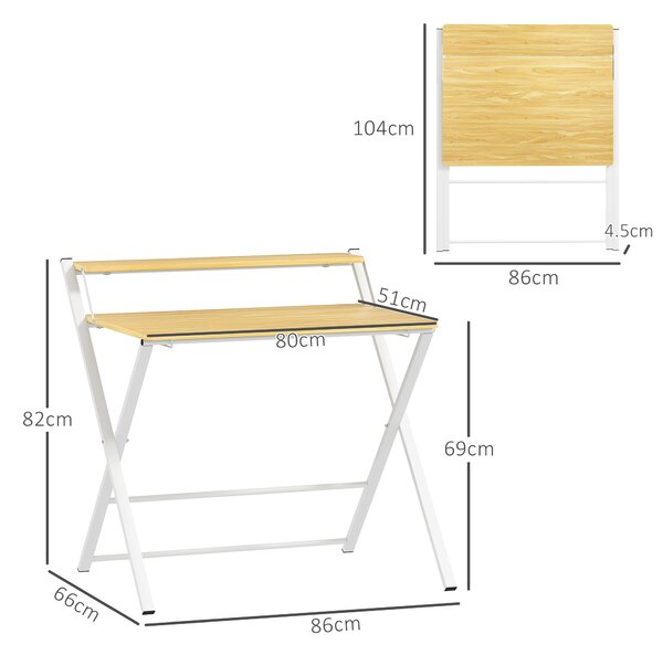 HOMCOM Scrivania Pieghevole con Ripiano Rialzato e Gambe a X, in Legno e Acciaio, 86x66x82 cm, Bianco e color Legno