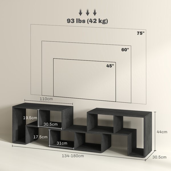 HOMCOM Mobile TV 75" max Modulabile con 2 Ripiani a L e Mensola Rettangolare, in Legno, 134-180x30.5x44 cm, Nero