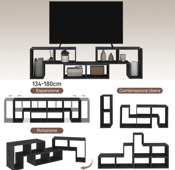 HOMCOM Mobile TV 75" max Modulabile con 2 Ripiani a L e Mensola Rettangolare, in Legno, 134-180x30.5x44 cm, Nero