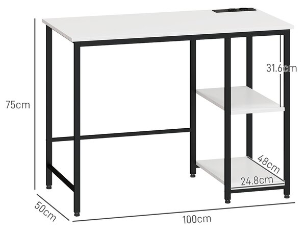 HOMCOM Scrivania con Scaffale a 2 Livelli e Prese di Ricarica, in Legno e Metallo, 100x50x75 cm, Bianca e Nera
