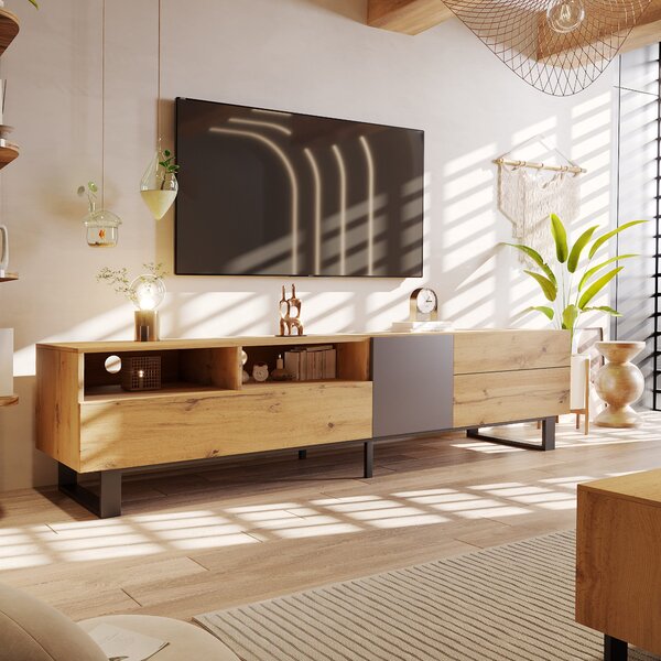 Mobile TV Moderno Colorblocking con Venature in Legno e Superficie Lucida, Design Irregolare, Senza Maniglia, Rovere + Antracite, Nero|Aosom
