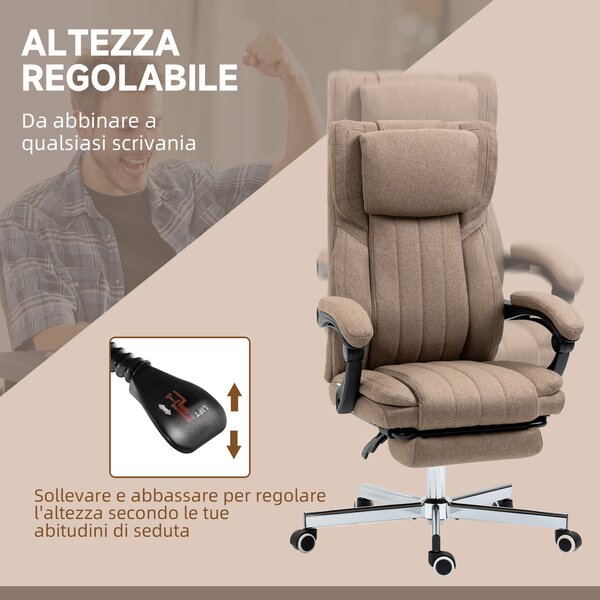 Vinsetto Poltrona da Ufficio Massaggiante con Poggiapiedi e Telecomando, Sedia in Tessuto Effetto Lino, 65x61x105-113 cm, Marrone | Aosom Italy
