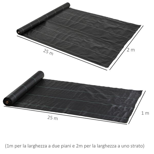 Outsunny Telo per Pacciamatura 2x25 m per Orto, Serra e Giardino, Drenante e Traspirante, Nero