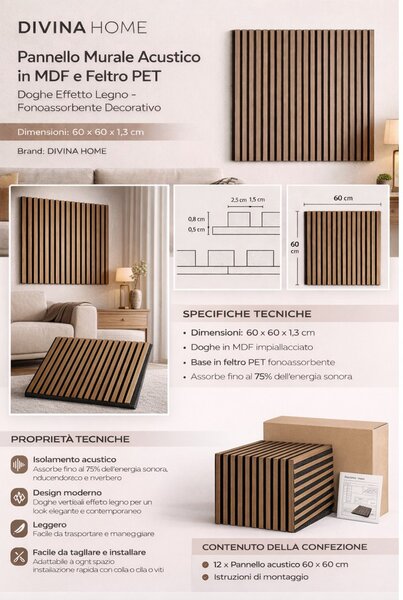 Divina Home Set 12 pz Pannello Decorativo a Listelli in Legno Doghe MDF e Feltro PET 60x60 Rivestimento Murale Fonoassorbente Rovere - DH104818