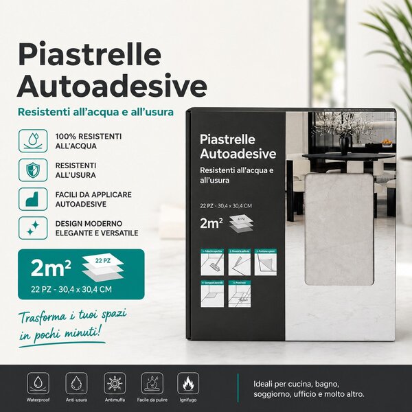 Divina Home Set 22 pz Piastrelle in LTV PVC Autoadesive da Pavimento Parete 2 mt2 30x30 effetto Marmo Grigio - DH104821