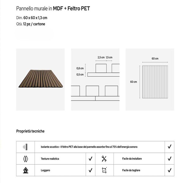 Divina Home Set 12 pz Pannello Decorativo a Listelli in Legno Doghe MDF e Feltro PET 60x60 Rivestimento Murale Fonoassorbente Rovere - DH104818
