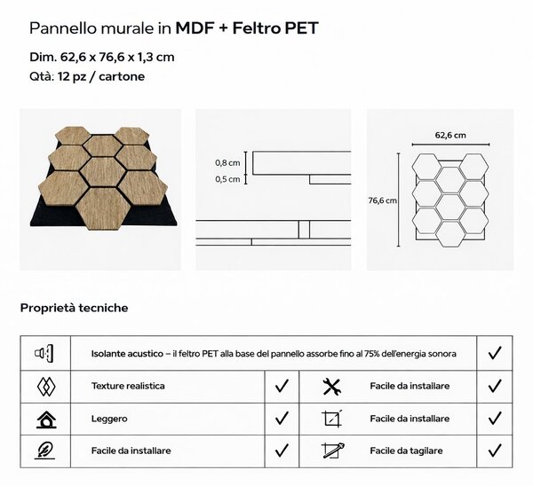 Divina Home Set 12 pz Pannello Decorativo in Legno MDF motivo esagonale e Feltro PET 62x76 Rivestimento Murale Fonoassorbente Rovere - DH104817