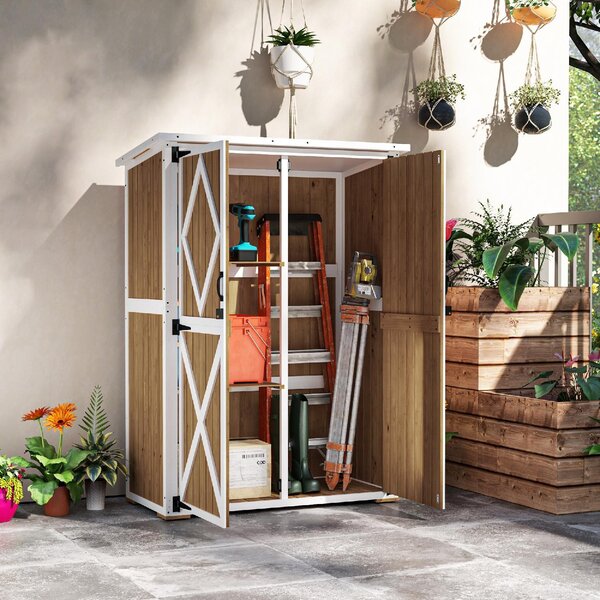 VivaGarden Armadio da Esterno / Balcone in Legno 2 Ante Dimensioni 116.5x57x159 cm colore Marrone/Bianco