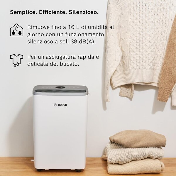 Bosch Deumidificatore Portatile per la casa muffa 16 Litri in 24 Ore Tanica 2.5 Litri con Filtro HEPA 2 in 1 colore Bianco - DRY4000