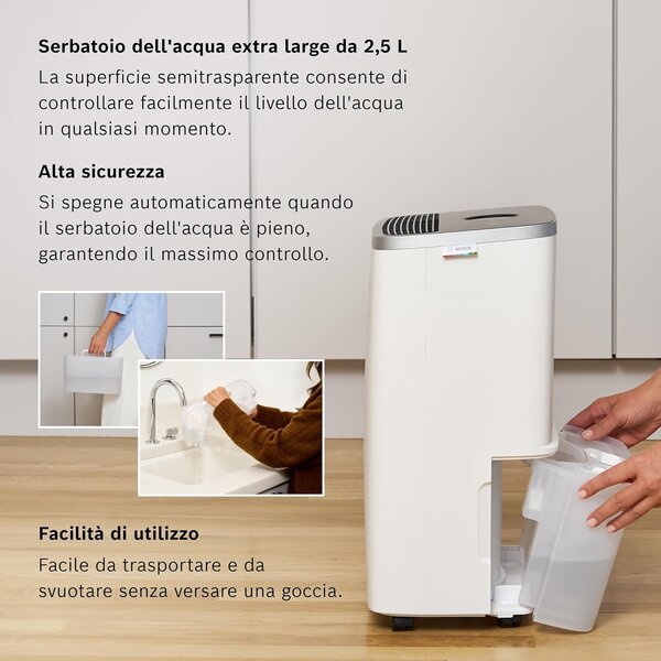 Bosch Deumidificatore Portatile per la casa muffa 16 Litri in 24 Ore Tanica 2.5 Litri con Filtro HEPA 2 in 1 colore Bianco - DRY4000